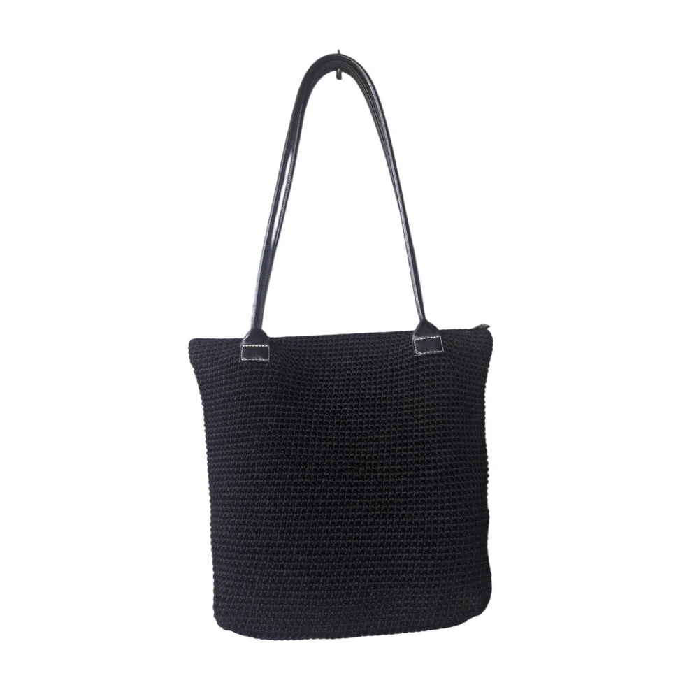 The Sak Elliott Lucca Black Crochet Shoulder Bag Tote Woven Knit Zipper Top